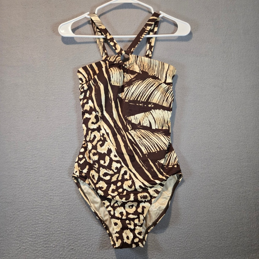 Amoena Destin Swimsuit Womens 8 NWOT Halter One Piece Brown Cream Womens 8